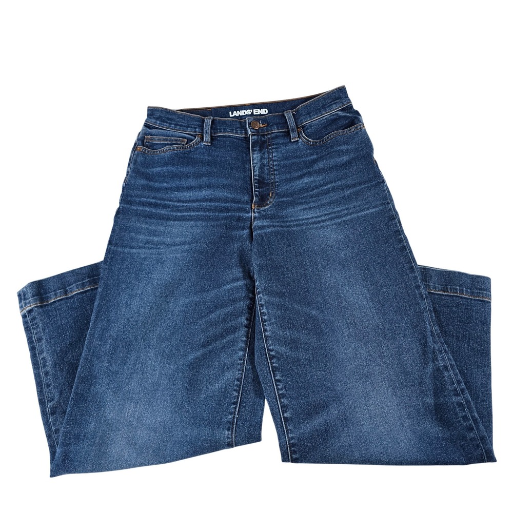 Lands End Womens Petite 10 Wide Leg High Rise Jeans Dark Wash Blue 532572